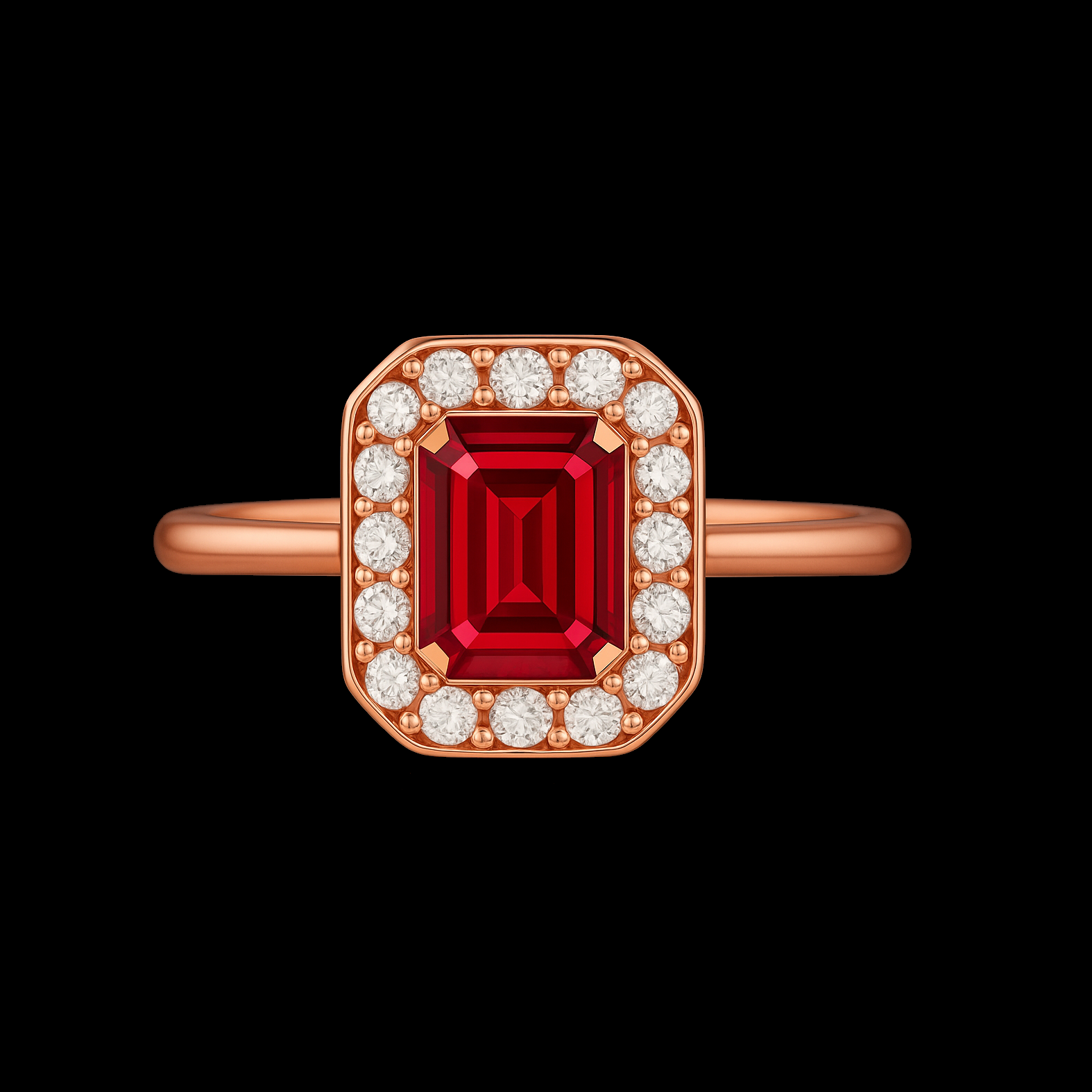 0.55Ct Radiant Cut Ruby with 1.5mm D Colour Moissanite Diamond Halo 18k Rose Gold Engagement Ring