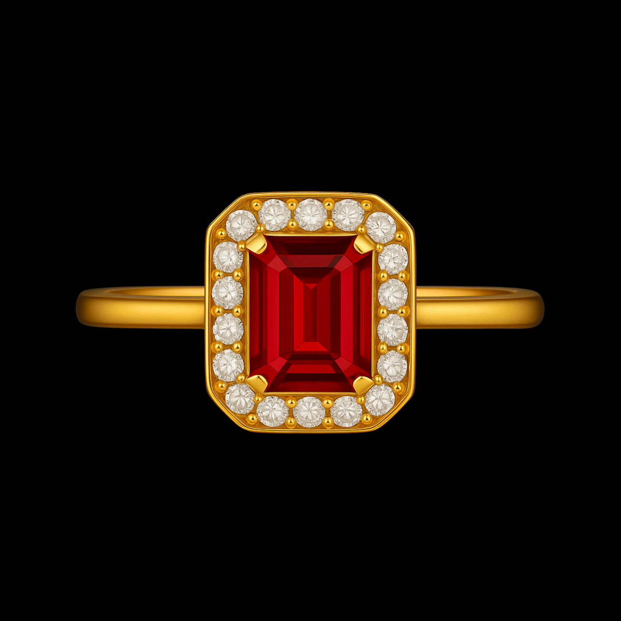 0.55Ct Radiant Cut Ruby with 1.5mm D Colour Moissanite Diamond Halo 18k Gold Engagement Ring (Copy)