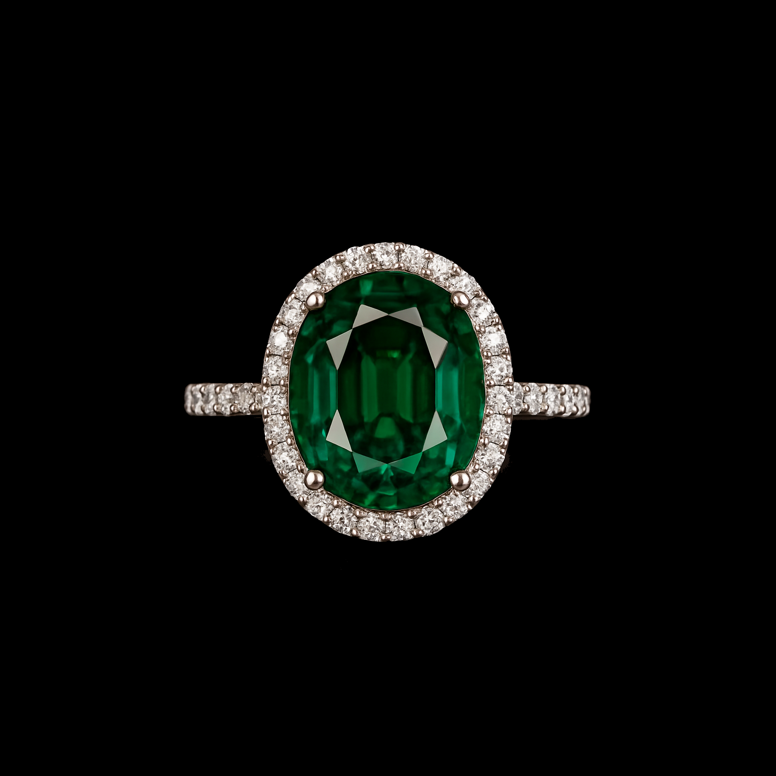 7Ct Oval Cut Emerald with Moissanite Halo and Pave Sterling Silver Cocktail Engagement Ring