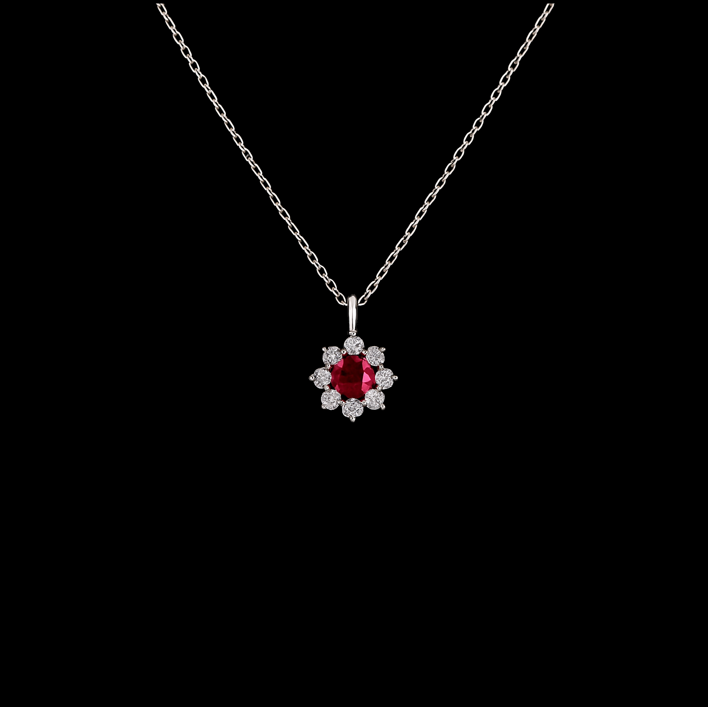 Round Cut Ruby and Moissanite Flower Sterling Silver Pendant Necklace
