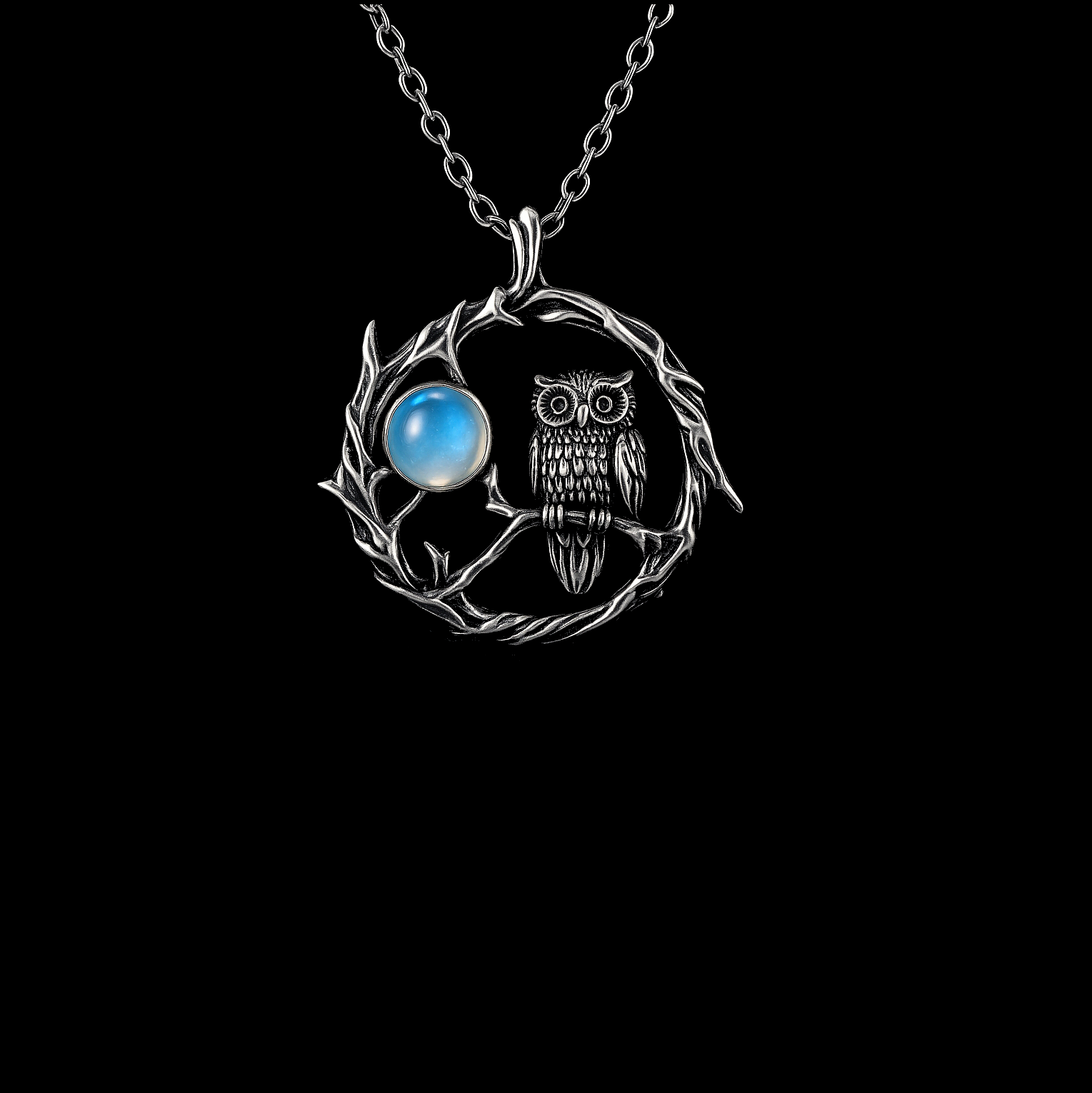Moonstone Owl Silver Pendant Necklace