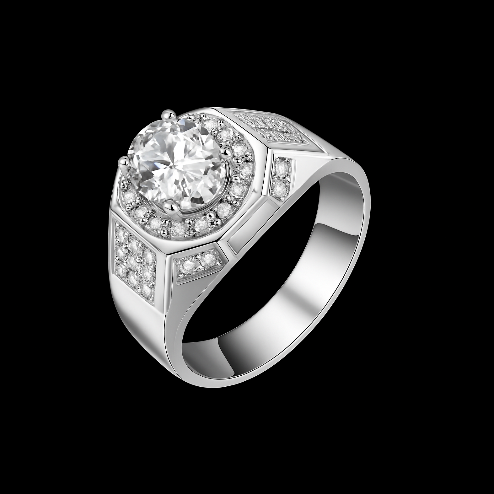 Oval and Round Cut Diamond 18k White Gold Unisex Ring