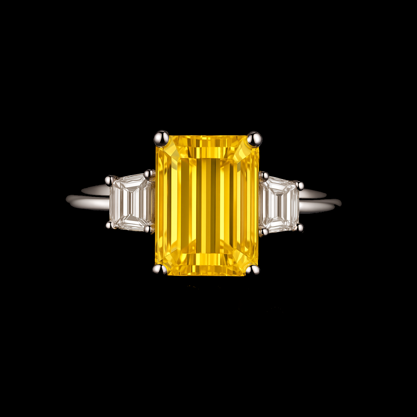 2.5Ct Emerald Cut Canary Yellow Citrine with Moissanite Baguette Shoulder Statement Ring