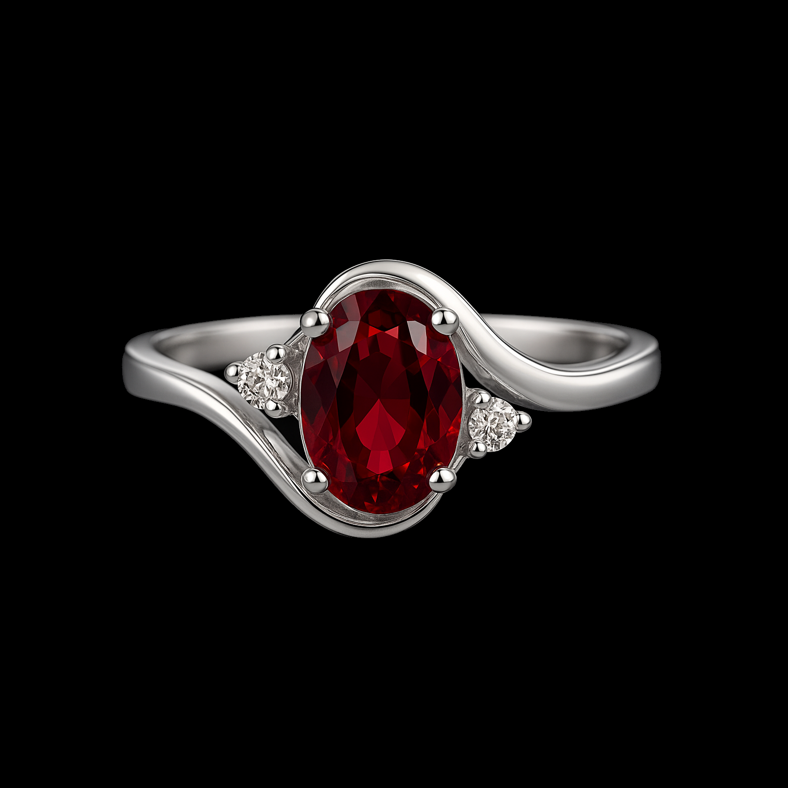 Oval Cut Ruby Moissanite Diamond Shoulder Stone  Sterling Silver Wave Ring