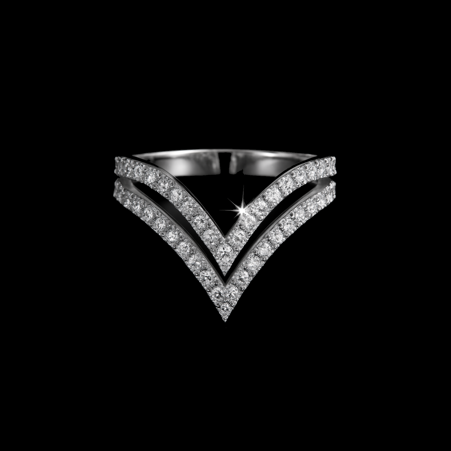 Moissanite Diamond Paved V-Shaped Sterling Silver Wedding Ring