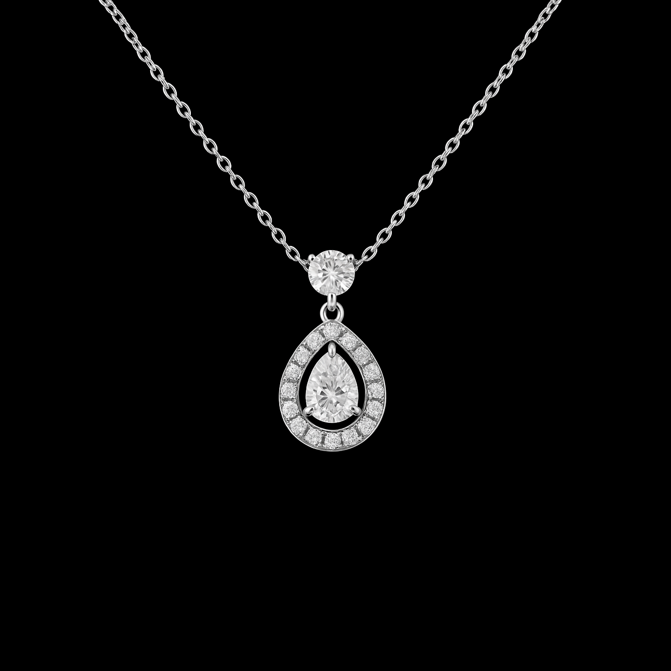 Pear Cut Moissanite Diamond with Halo Sterling Silver Necklace