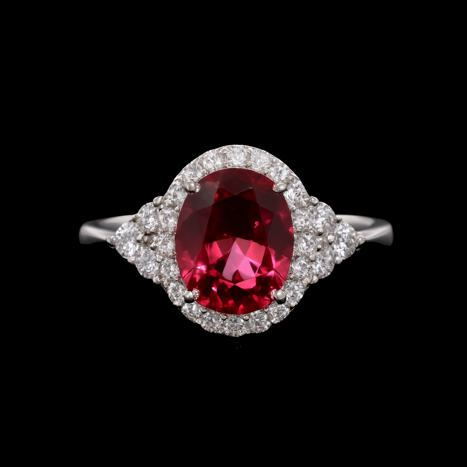 Oval Cut Ruby White Gemstones Halo Shoulder Sterling Silver Cocktail Ring