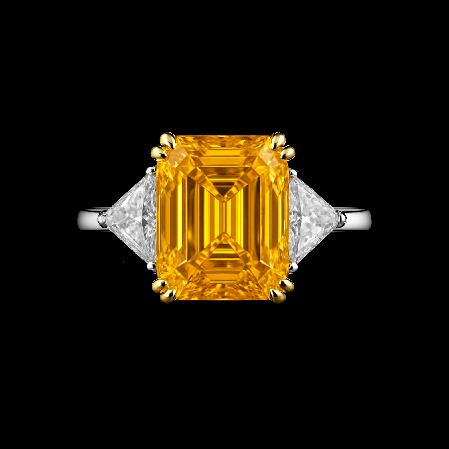 10Ct Rectangle Cut Yellow Carbon Diamond with Diamond Shoulder Sterling silver Ring